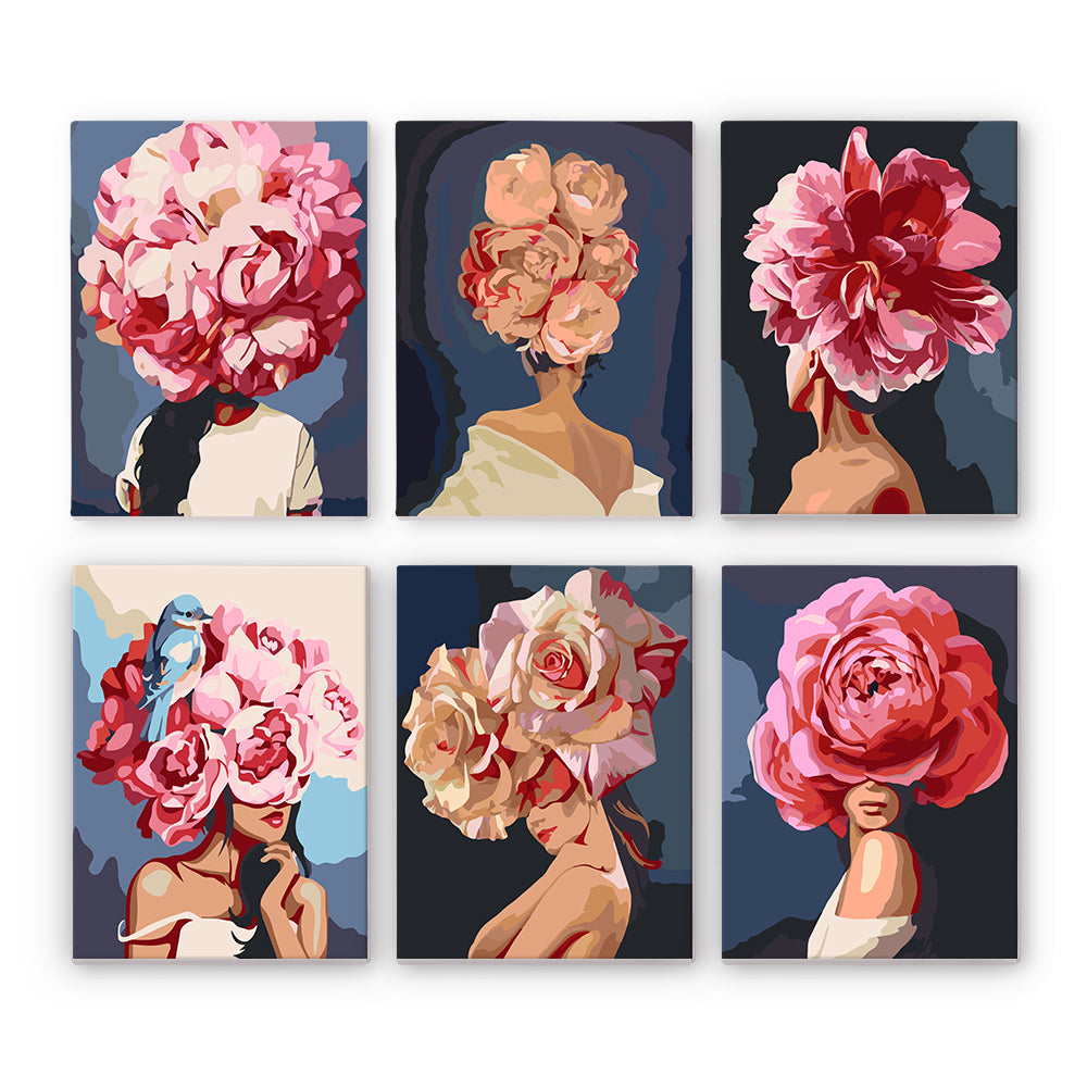Rose-Headed Women on Navy mini paint by numbers – Six women whose heads are hidden by huge pink and peach rose blooms against dark navy backgrounds, one with a bird