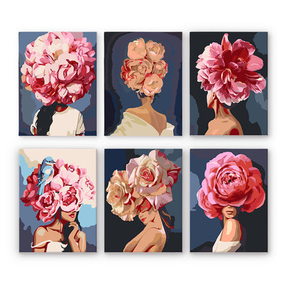 Rose-Headed Women on Navy mini paint by numbers – Six women whose heads are hidden by huge pink and peach rose blooms against dark navy backgrounds, one with a bird
