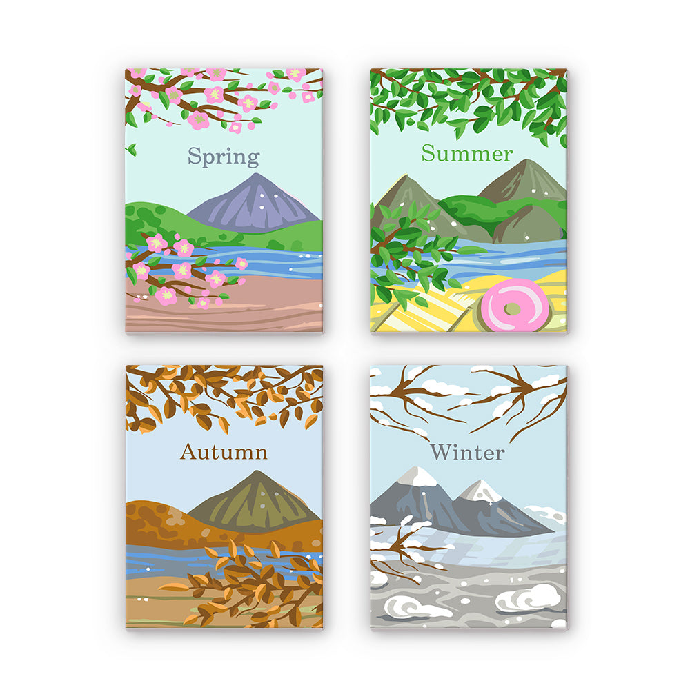 Spring to Winter Mountain Views mini paint by numbers – Four lettered season panels with mountains: spring blossoms, a summer beach, autumn leaves and snowy winter peaks