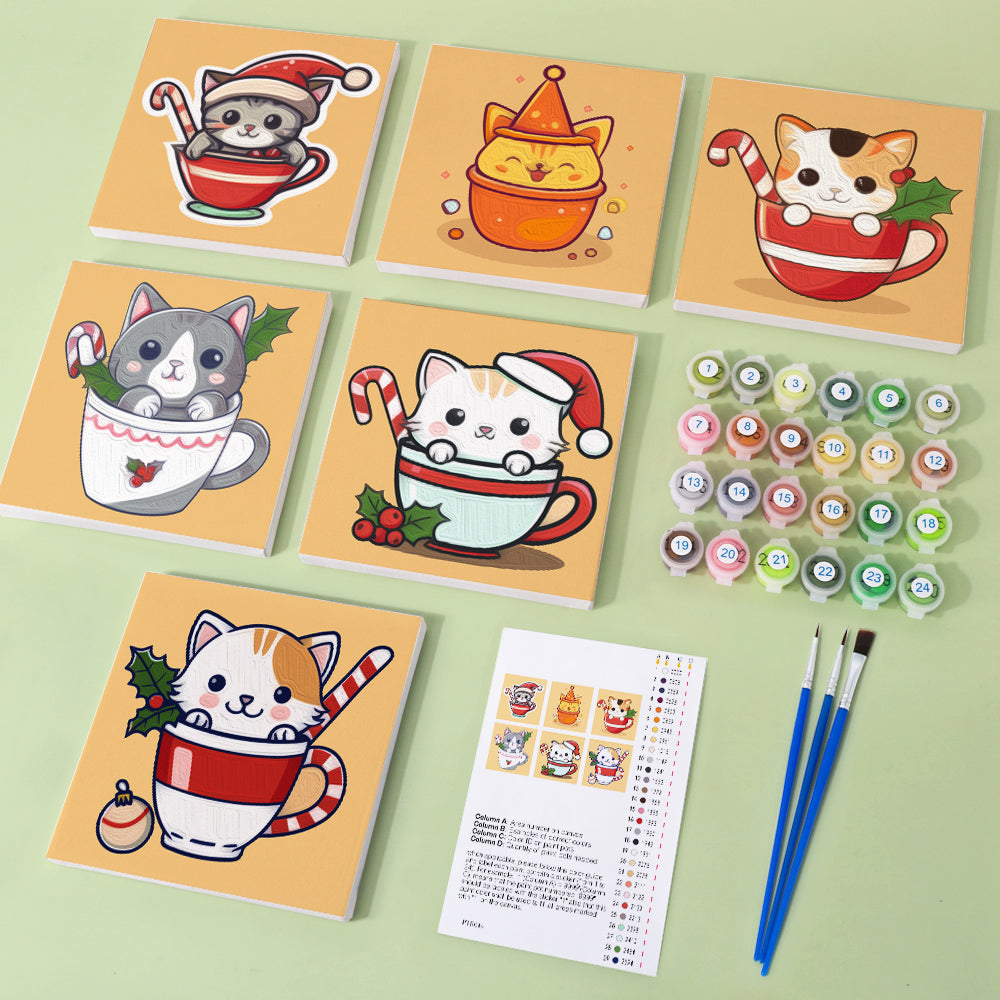 Christmas Cats in Teacups mini paint by numbers – image 1