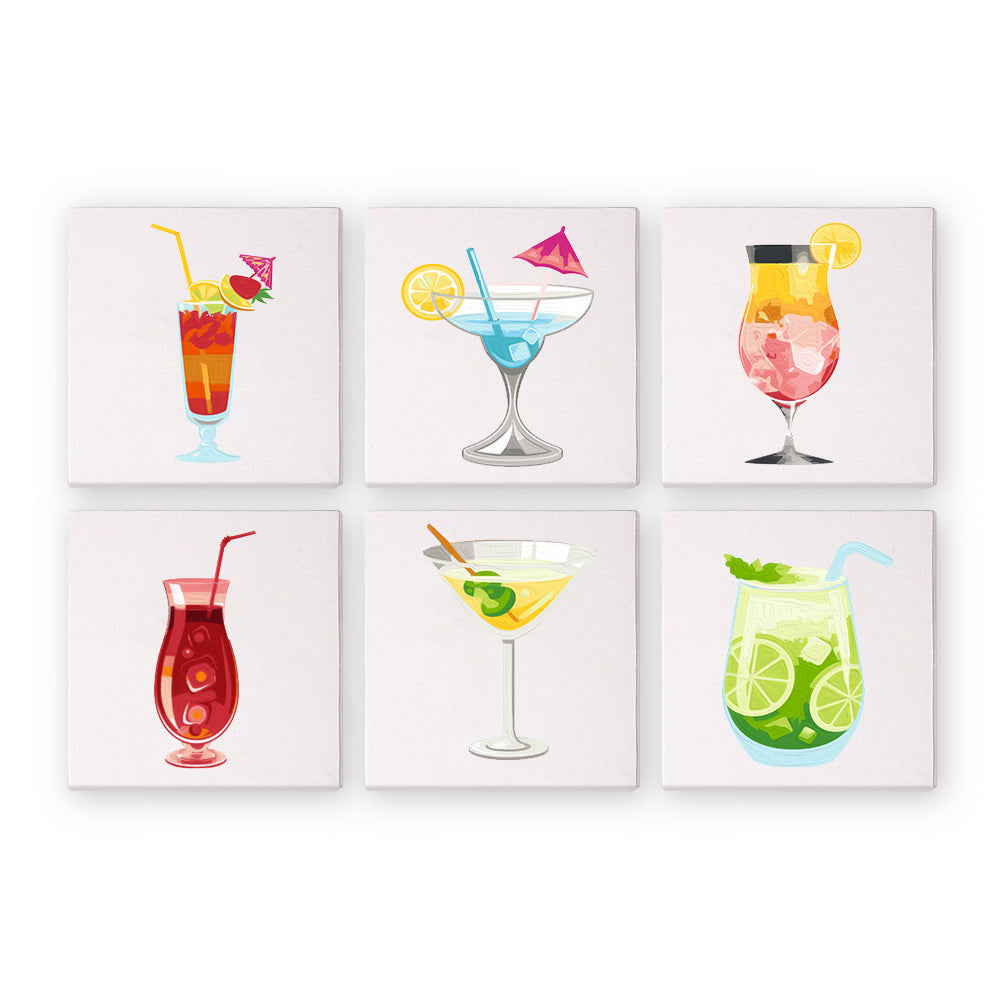 Tequila Sunrise and Mojito Glasses mini paint by numbers – Cocktails: a tequila sunrise, a blue umbrella drink, a peach cocktail, a red hurricane, a martini and a mojito