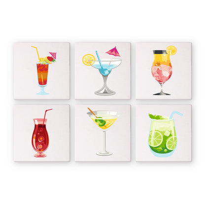 Tequila Sunrise and Mojito Glasses mini paint by numbers – Cocktails: a tequila sunrise, a blue umbrella drink, a peach cocktail, a red hurricane, a martini and a mojito