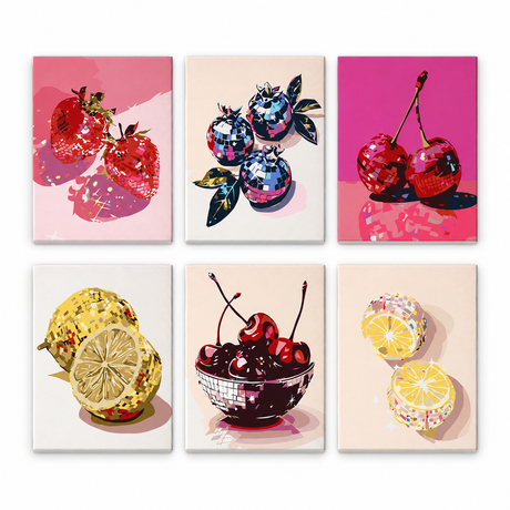 Disco Ball Cherries and Lemons mini paint by numbers – Strawberries, blueberries, cherries and lemons drawn as sparkling mirror-ball mosaics on pink and cream