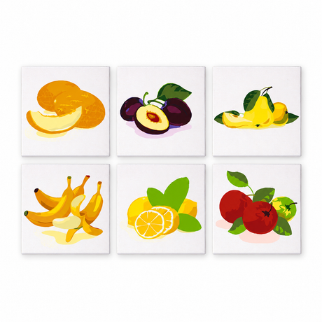 Ripe Plums and Banana Bunches mini paint by numbers – Fresh fruit studies: melon slices, purple plums, lemons, a banana bunch, sliced lemons and red apples