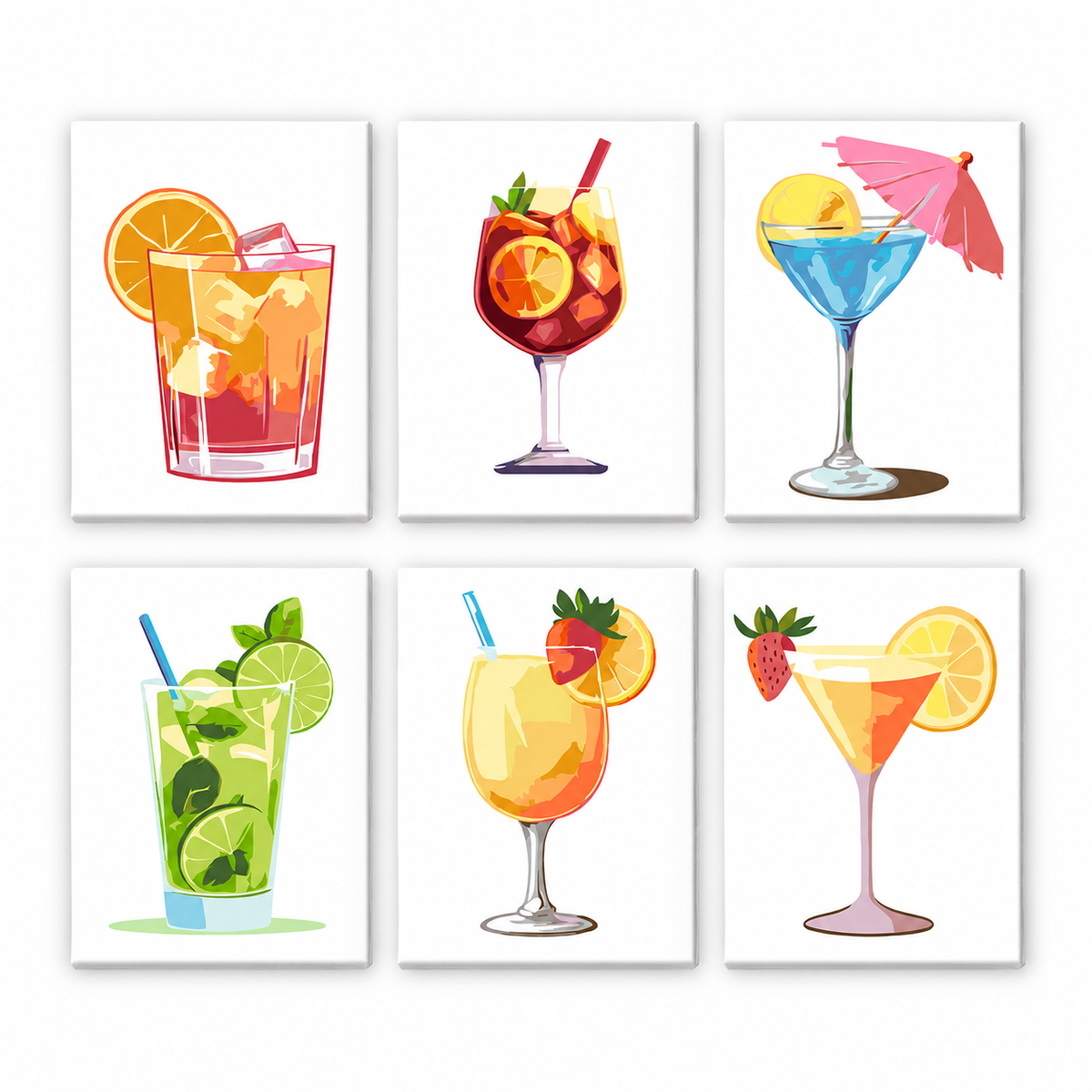 Mojito, Sangria and Blue Lagoon mini paint by numbers – Six summer cocktails on white: an orange spritz, sangria, a blue drink with an umbrella, a mojito and fruity glasses