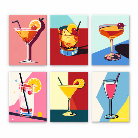 Pop Art Cocktail Glasses (Mini Paint by Numbers) — white-background flat lay