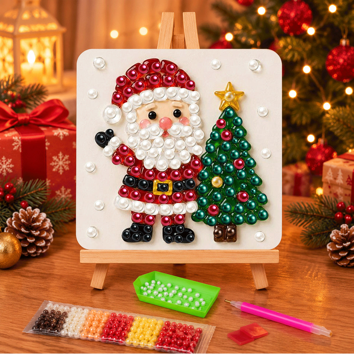 Santa Beside a Star-Topped Tree (Pearl Painting Easel Kit)