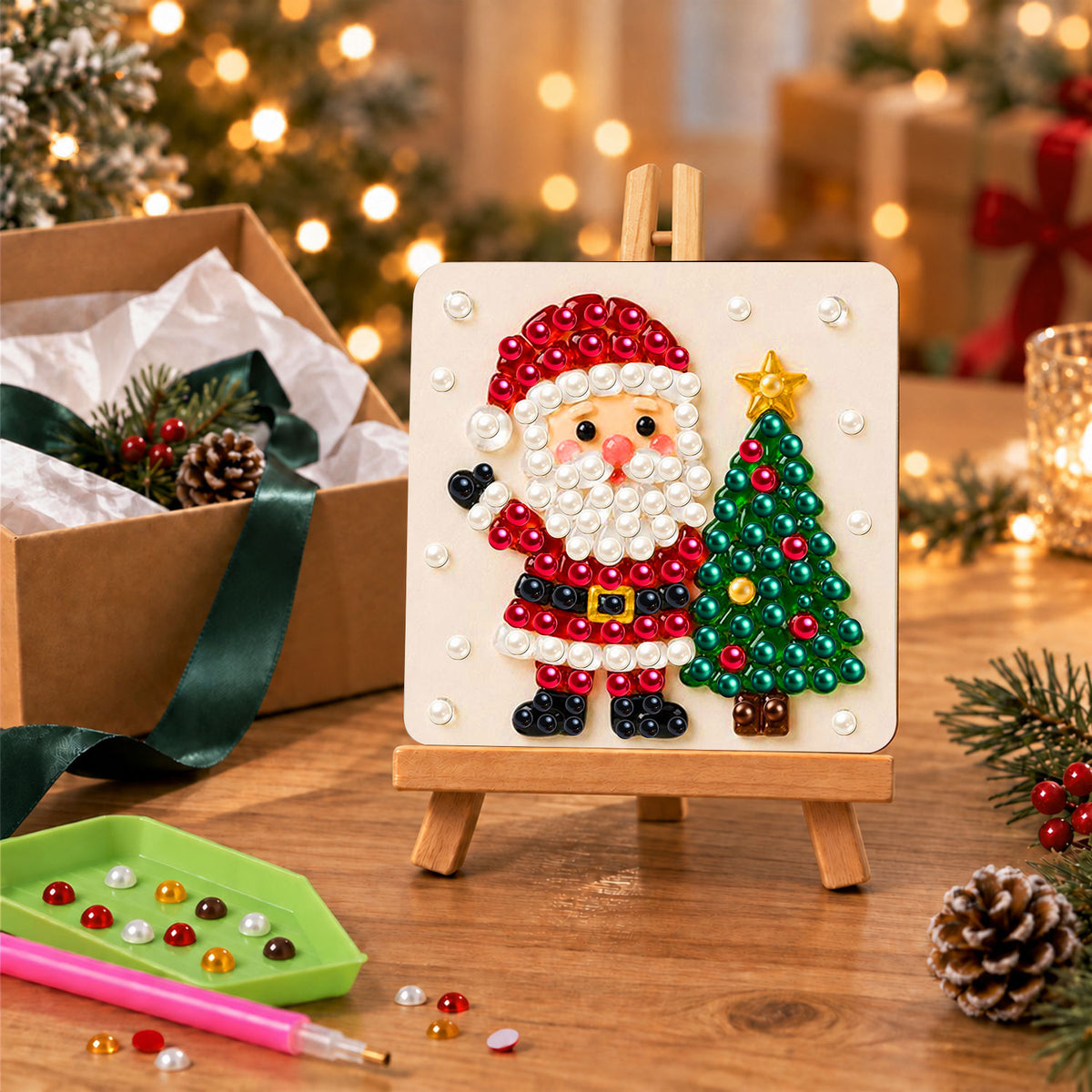 Santa Beside a Star-Topped Tree (Pearl Painting Easel Kit)