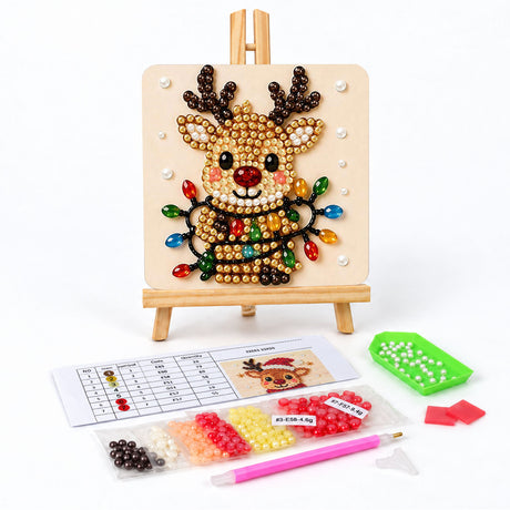 Reindeer Tangled in String Lights pearl painting easel kit – Smiling reindeer with a red nose and antlers, wrapped in a string of colorful Christmas lights
