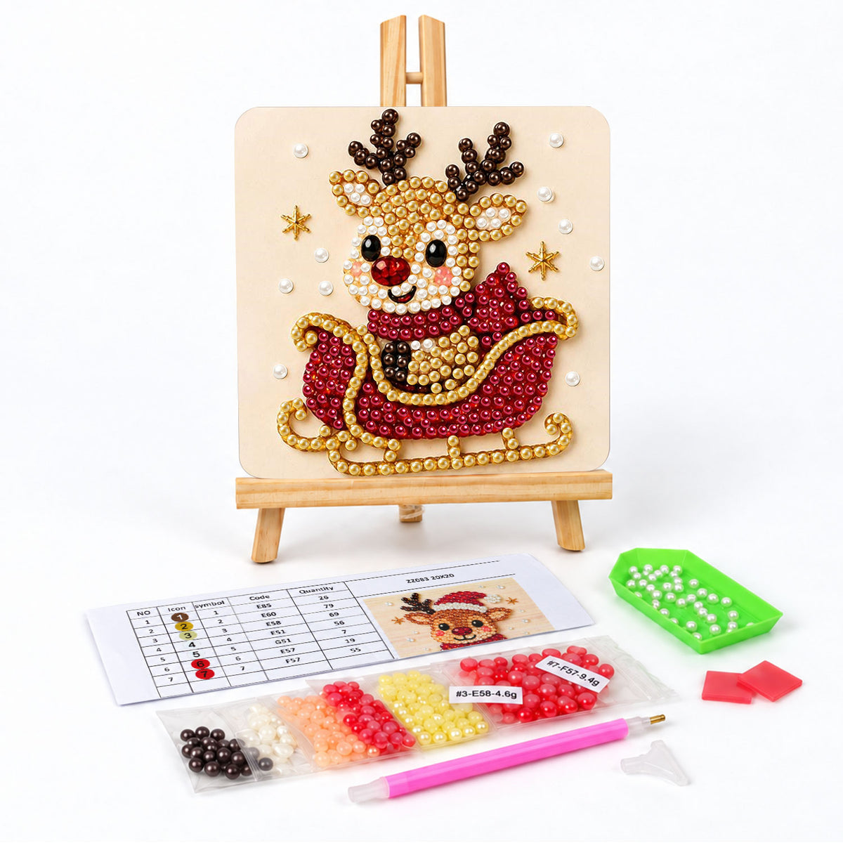 Reindeer Riding a Red Sleigh pearl painting easel kit – Smiling reindeer sitting in a red sleigh with curled gold runners, with small gold stars
