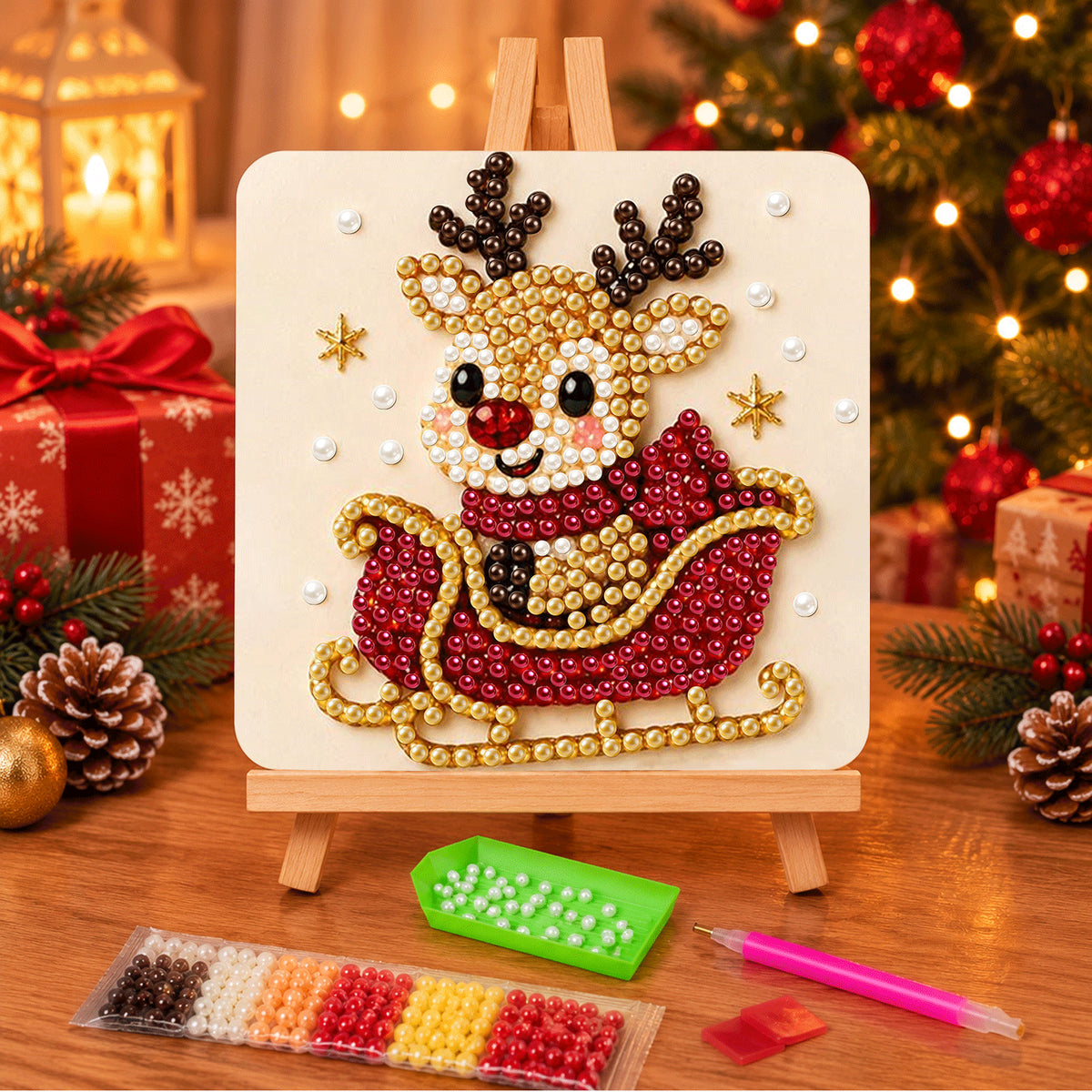 Reindeer Riding a Red Sleigh (Pearl Painting Easel Kit)