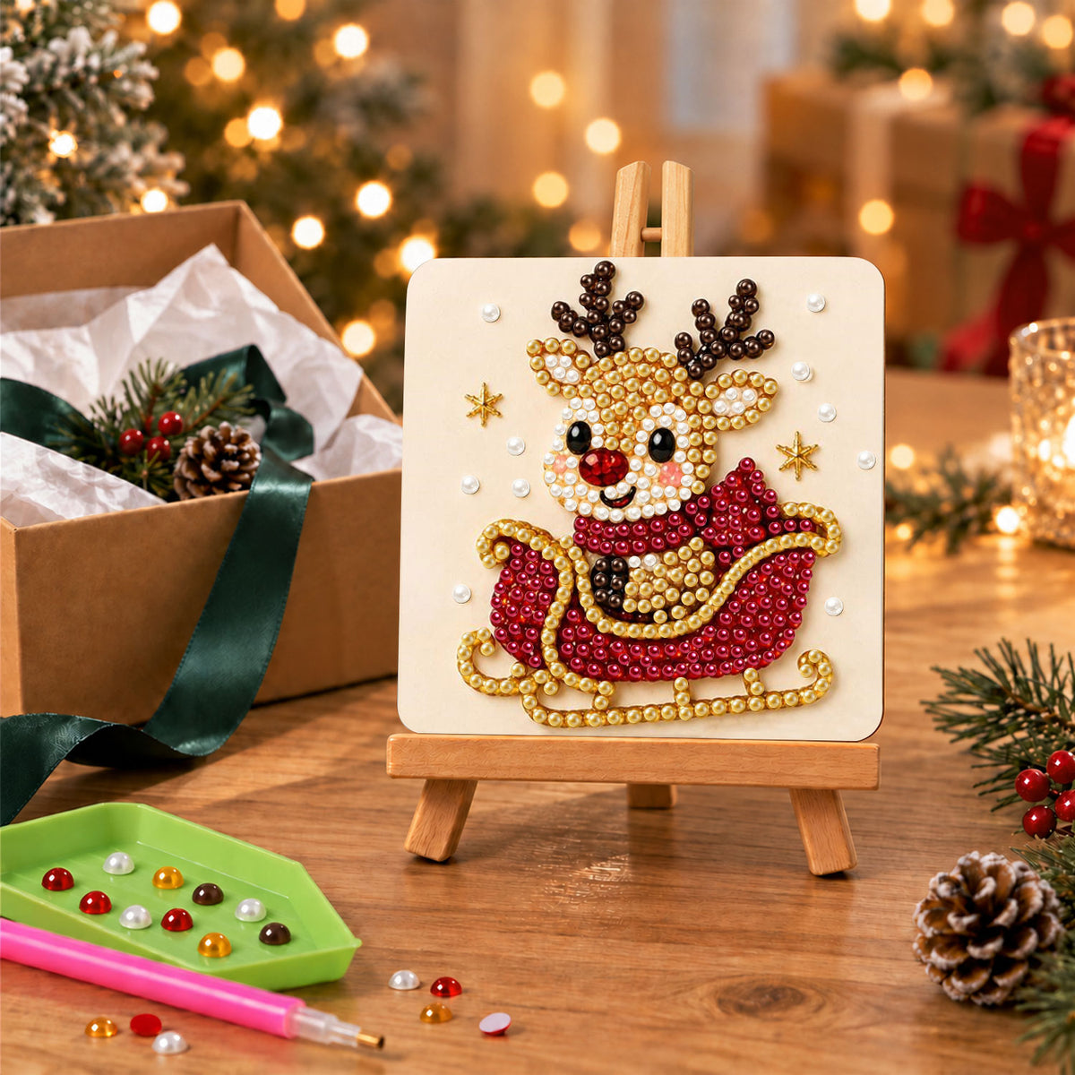 Reindeer Riding a Red Sleigh (Pearl Painting Easel Kit)