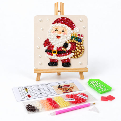 Laughing Santa with a Gold Sack pearl painting easel kit – Laughing Santa in a red suit with a golden sack of wrapped presents slung over his shoulder