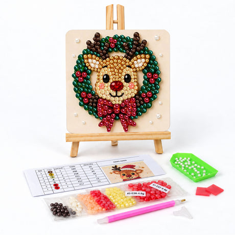 Reindeer Framed by a Holly Wreath pearl painting easel kit – Smiling reindeer face framed by a green holly wreath with red berries and a red bow