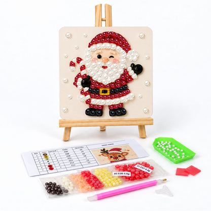 Candy Cane Santa Says Hello pearl painting easel kit – Winking Santa waving one hand and holding a red and white candy cane