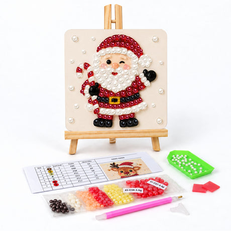 Candy Cane Santa Says Hello pearl painting easel kit – Winking Santa waving one hand and holding a red and white candy cane
