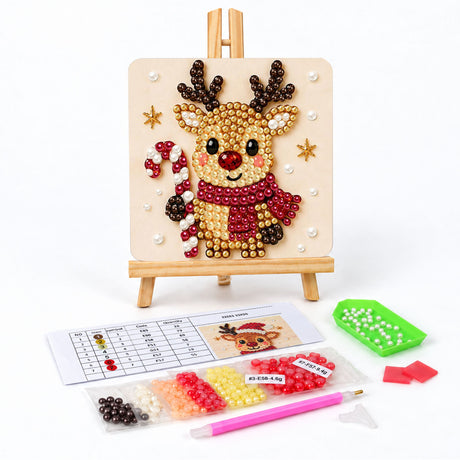 Red-Scarf Reindeer and Candy Cane pearl painting easel kit – Reindeer in a red scarf holding a red and white candy cane, with small gold stars