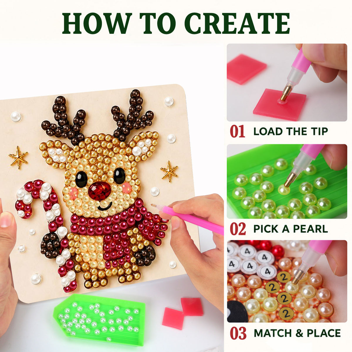 Red-Scarf Reindeer and Candy Cane (Pearl Painting Easel Kit)