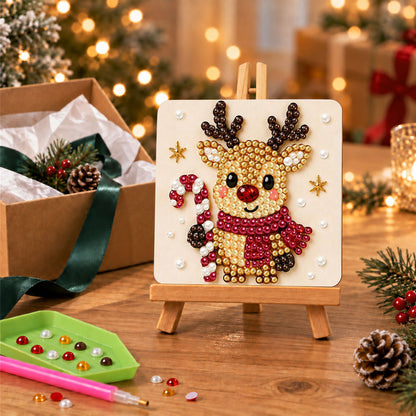 Red-Scarf Reindeer and Candy Cane (Pearl Painting Easel Kit)