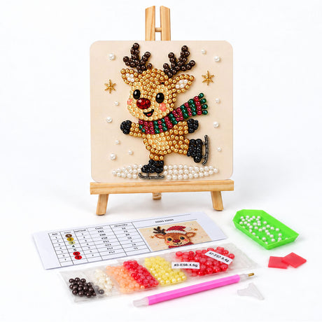 Reindeer on Ice Skates pearl painting easel kit – Reindeer in a striped green and red scarf ice skating across a snowy patch of ice