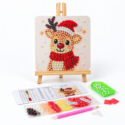 Bundled-Up Reindeer in Red pearl painting easel kit – Reindeer wearing a red Santa hat and a chunky red knit scarf, with small snowflake sparkles