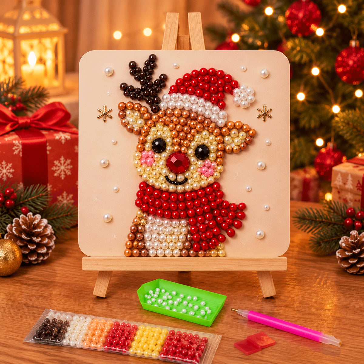 Bundled-Up Reindeer in Red (Pearl Painting Easel Kit)