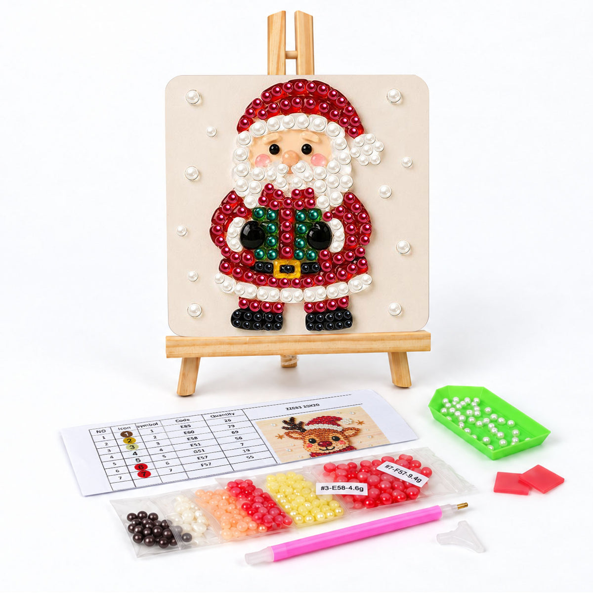 Santa Holding a Green Present pearl painting easel kit – Front-facing Santa in a red suit holding a green gift box tied with a gold ribbon