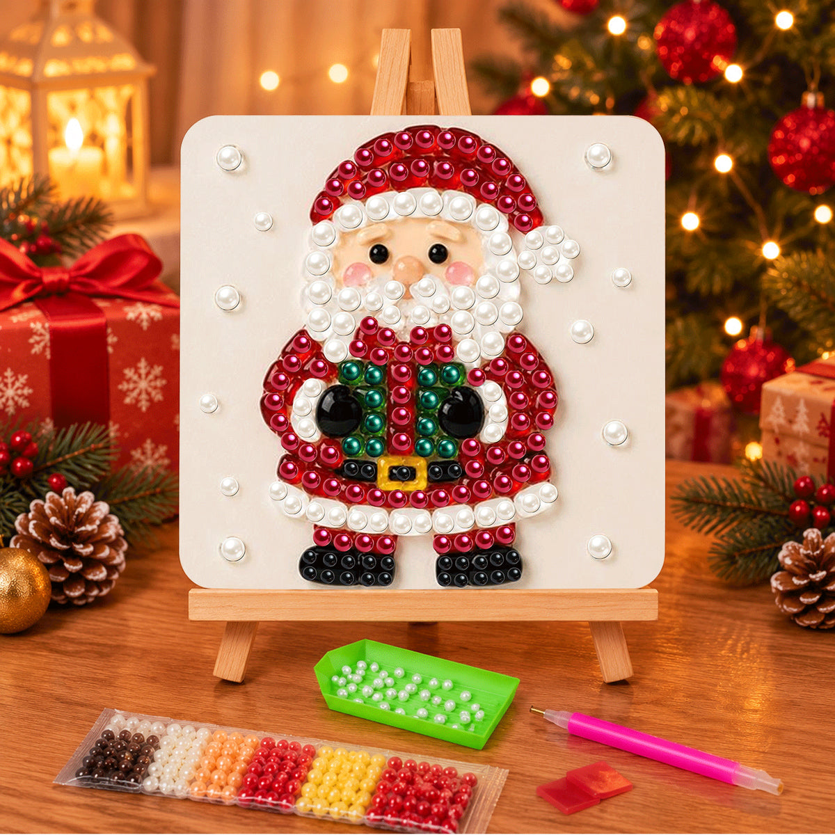 Santa Holding a Green Present (Pearl Painting Easel Kit)