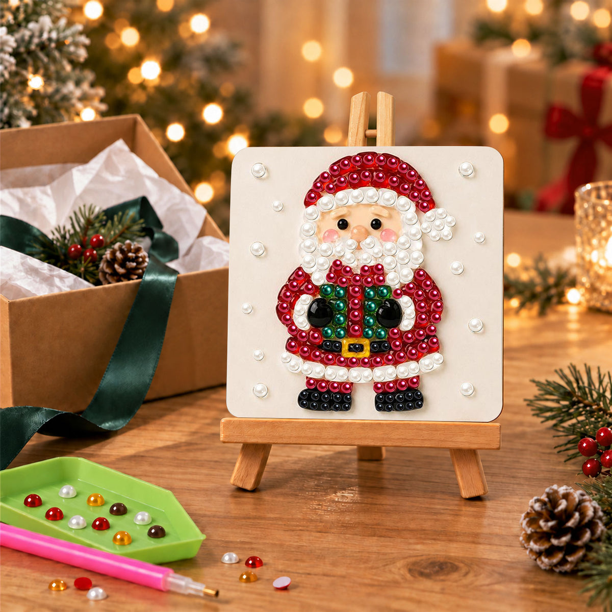 Santa Holding a Green Present (Pearl Painting Easel Kit)