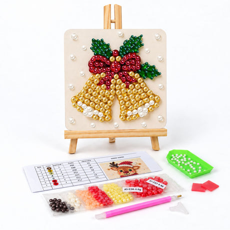 Twin Golden Bells and Holly pearl painting easel kit – Two golden bells tied with a red bow under green holly leaves and red berries