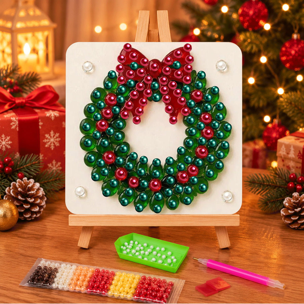 Evergreen Wreath with a Red Bow (Pearl Painting Easel Kit)