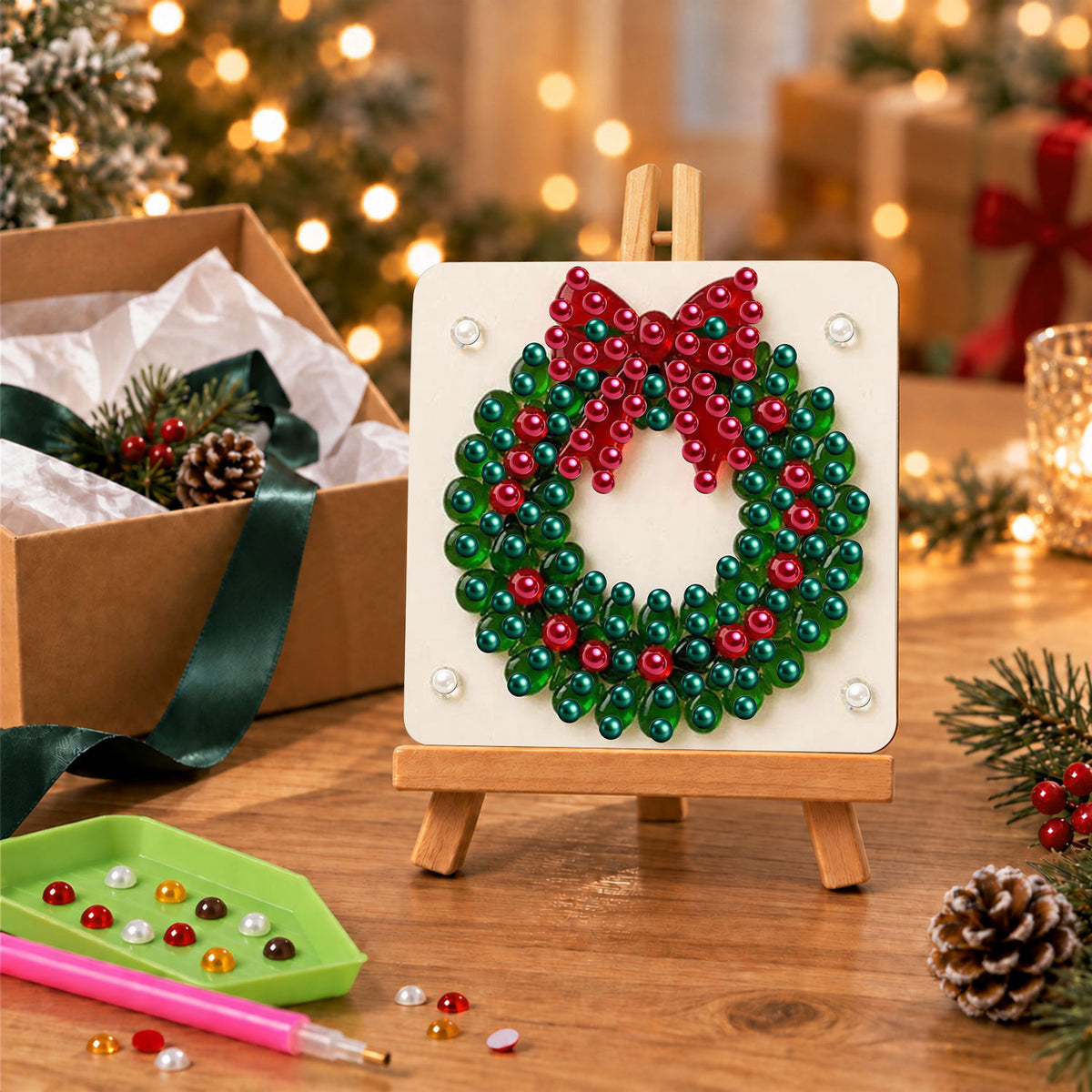 Evergreen Wreath with a Red Bow (Pearl Painting Easel Kit)