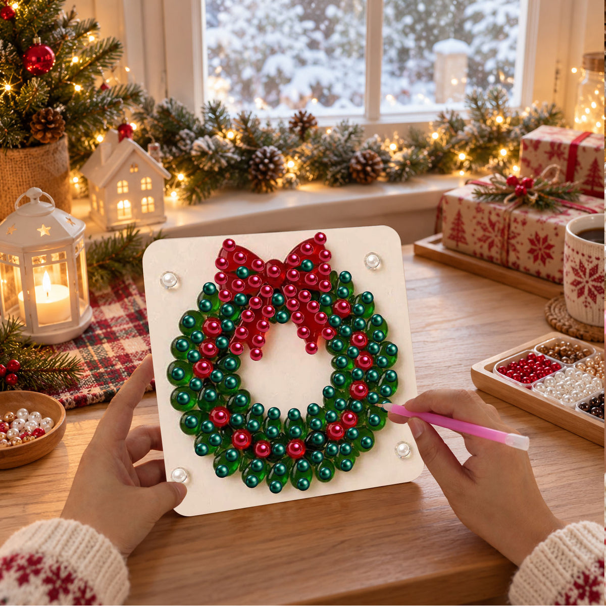 Evergreen Wreath with a Red Bow (Pearl Painting Easel Kit)