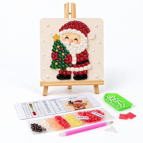 Santa Cuddling a Little Fir pearl painting easel kit – Smiling Santa with closed eyes hugging a small decorated Christmas tree topped with a gold star