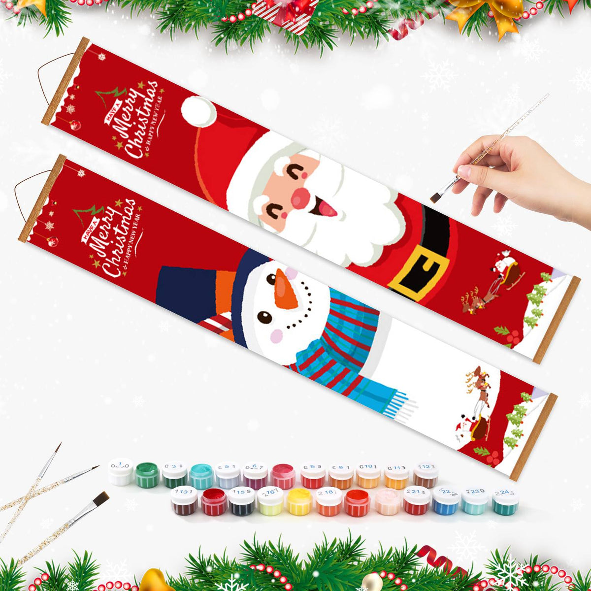 Snowman and Santa on Red (Paint by Numbers Door Banners)