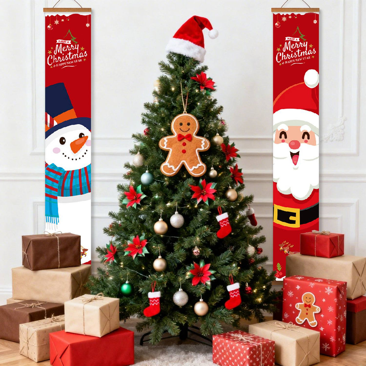 Snowman and Santa on Red (Paint by Numbers Door Banners)