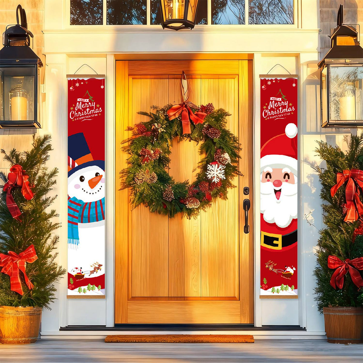 Snowman and Santa on Red (Paint by Numbers Door Banners)