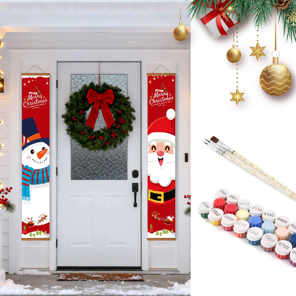 Snowman and Santa on Red (Paint by Numbers Door Banners)