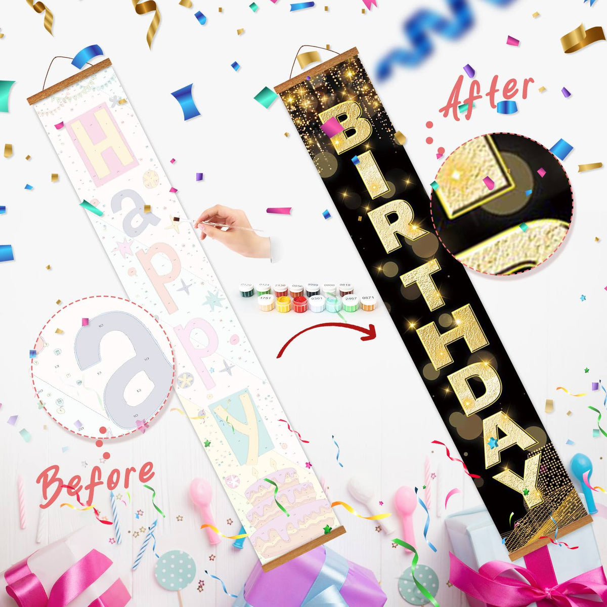 Black and Gold Happy Birthday (Paint by Numbers Door Banners)