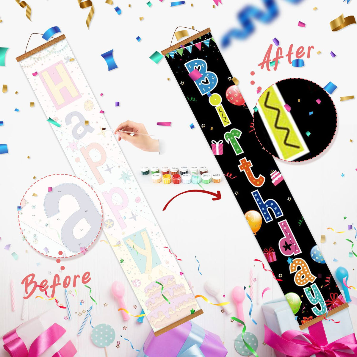 Rainbow Birthday on Black (Paint by Numbers Door Banners)