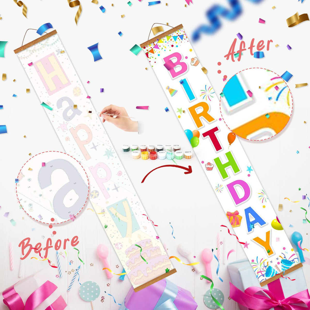 Rainbow Birthday on White (Paint by Numbers Door Banners)