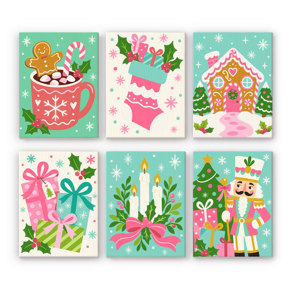 Hot Pink and Aqua Nutcracker mini paint by numbers – Hot pink and aqua cocoa mug, stocking, gingerbread house, gifts, candles with a bow and a nutcracker by a tree