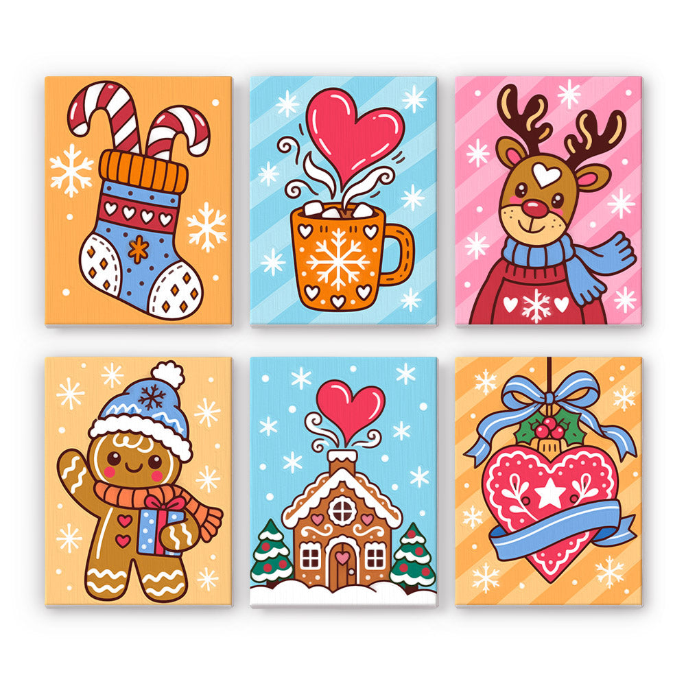 Folk Heart Gingerbread and Cocoa mini paint by numbers – Folk-style stocking with candy canes, heart cocoa mug, sweater reindeer, gingerbread man, gingerbread house and heart