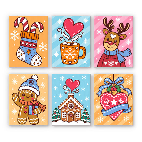 Folk Heart Gingerbread and Cocoa mini paint by numbers – Folk-style stocking with candy canes, heart cocoa mug, sweater reindeer, gingerbread man, gingerbread house and heart