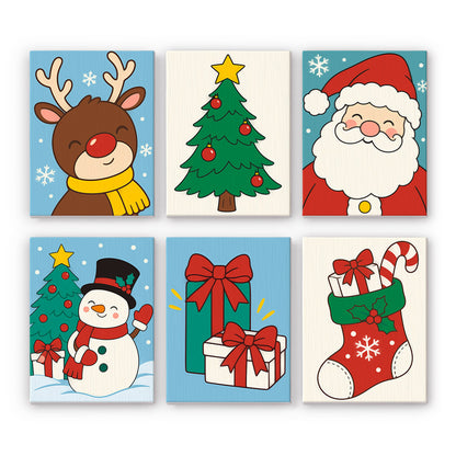 Bold Cartoon Santa and Snowman mini paint by numbers – Bold cartoon reindeer in a yellow scarf, star-topped tree, Santa, top-hat snowman, gifts and a candy cane stocking