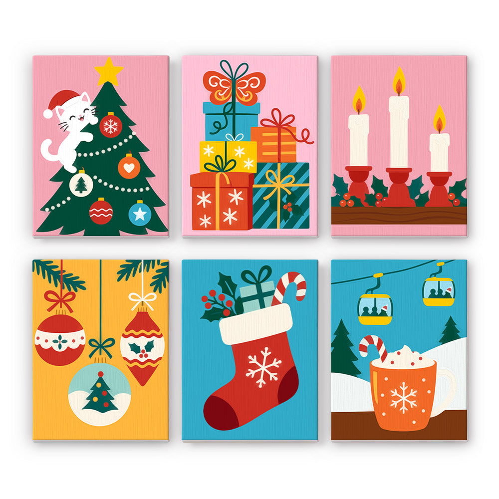 Tree-Climbing Cat and Ski Gondola mini paint by numbers – Bright cards with a cat climbing a tree, stacked gifts, red candles, baubles, a stocking and cocoa under ski gondolas