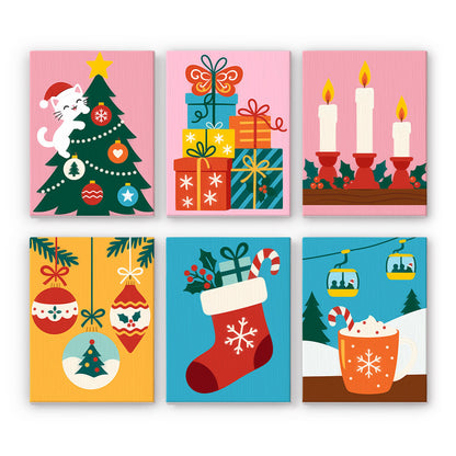Tree-Climbing Cat and Ski Gondola mini paint by numbers – Bright cards with a cat climbing a tree, stacked gifts, red candles, baubles, a stocking and cocoa under ski gondolas