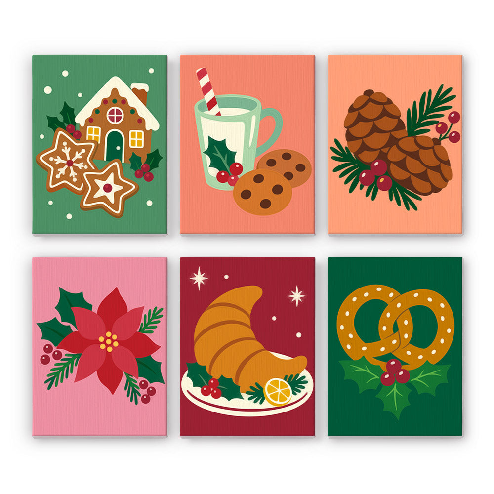 Pretzel, Croissant and Cookies mini paint by numbers – Gingerbread house and cookies, milk with cookies, pinecones, a poinsettia, croissant with orange and a holly pretzel