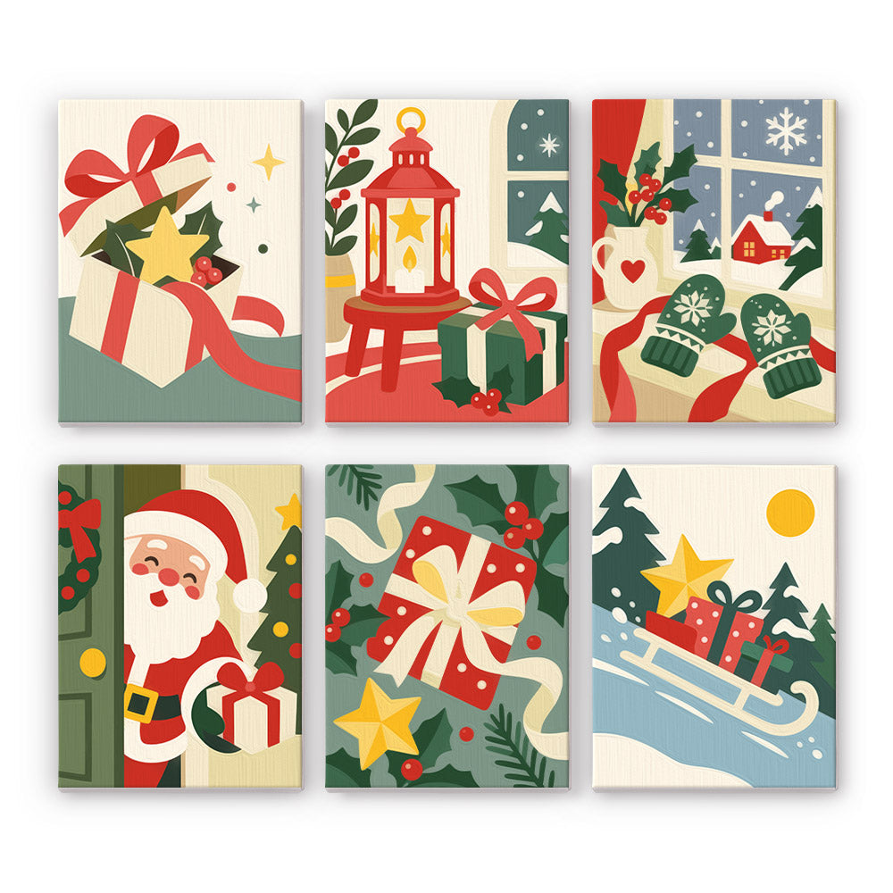 Lantern, Mittens and Gold Stars mini paint by numbers – Sage, red and cream gifts with gold stars, a lantern, mittens by a window, Santa peeking in a door and a gift sled