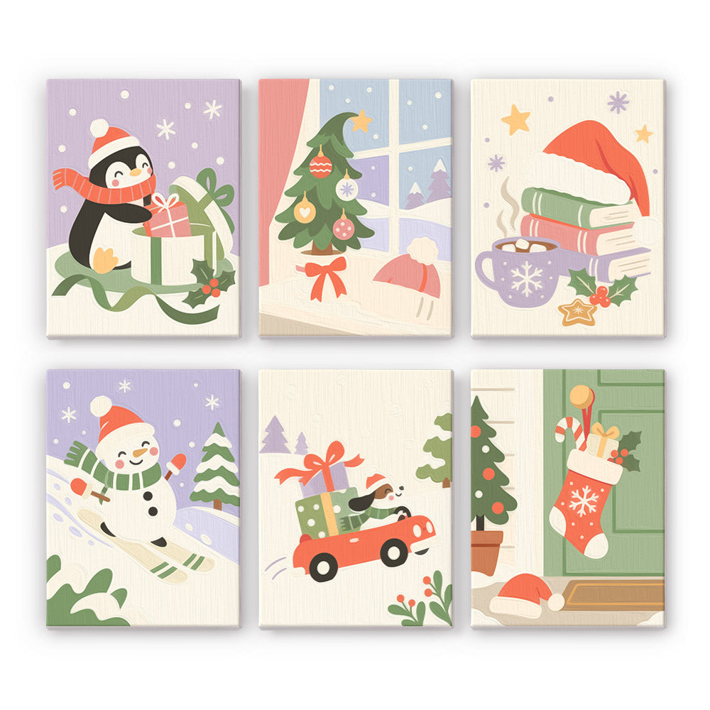 Lavender Snowman on Skis mini paint by numbers – Pastel lavender scenes: penguin with a gift, tree by a window, books with cocoa, skiing snowman, red car and stocking
